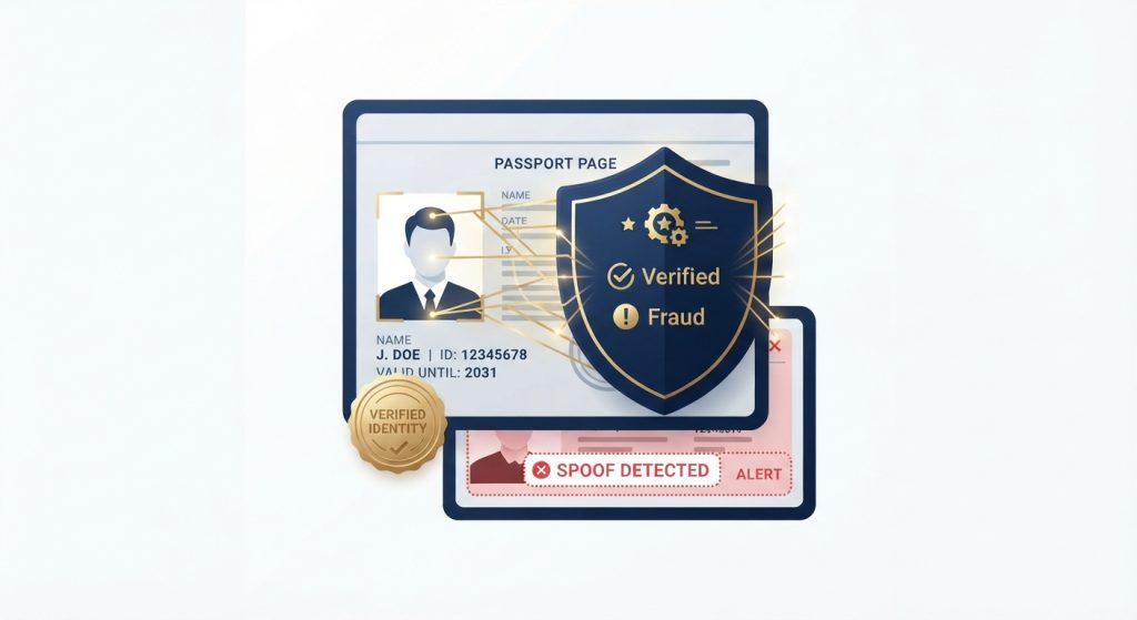 Ilustración vectorial de un escudo digital escaneando un documento con fotografía de pasaporte para detectar capas de suplantación de identidad.