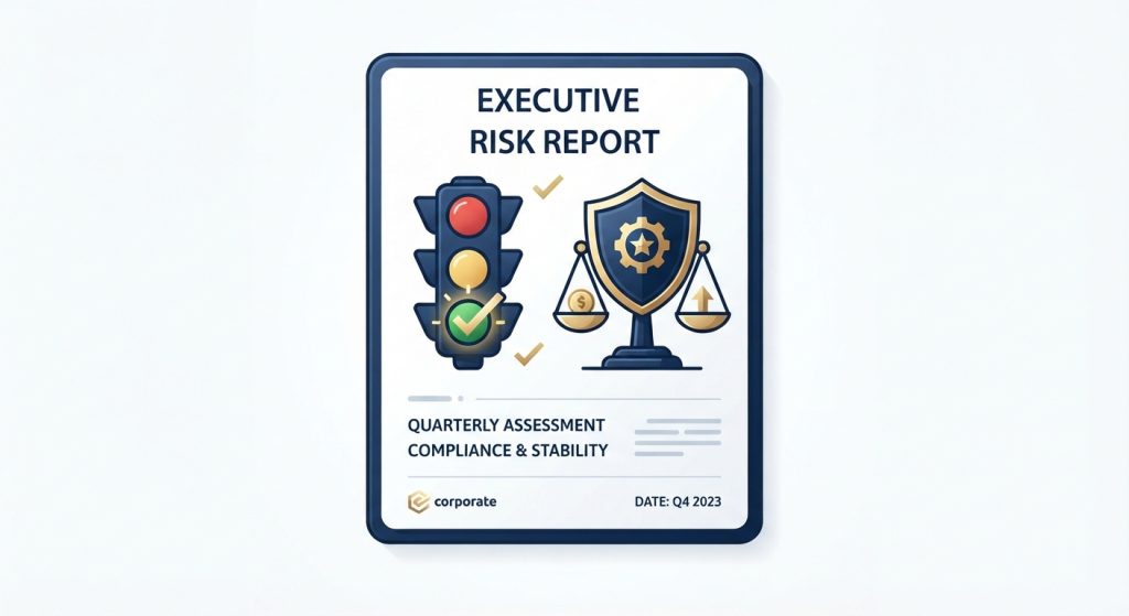 Ilustración vectorial de un informe de evaluación de riesgo con un semáforo de contingencias y un escudo protector.