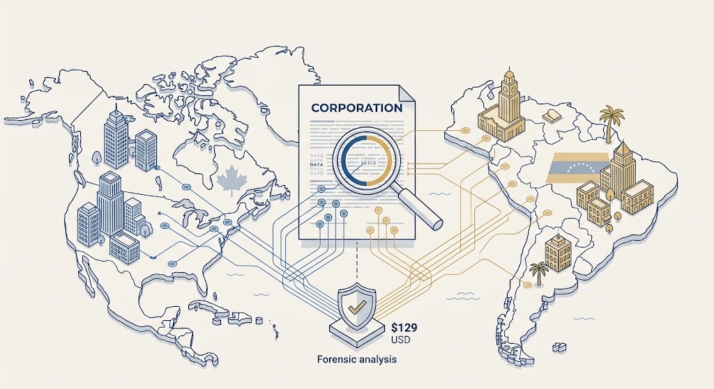 Diagrama isométrico de auditoría forense corporativa y fact-checking transfronterizo con escudo de verificación e inspección de datos.