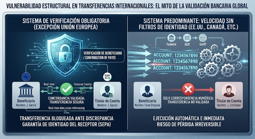 Infografía corporativa que compara el sistema de verificación segura en Europa frente al modelo de transferencia rápida basado en números en América.