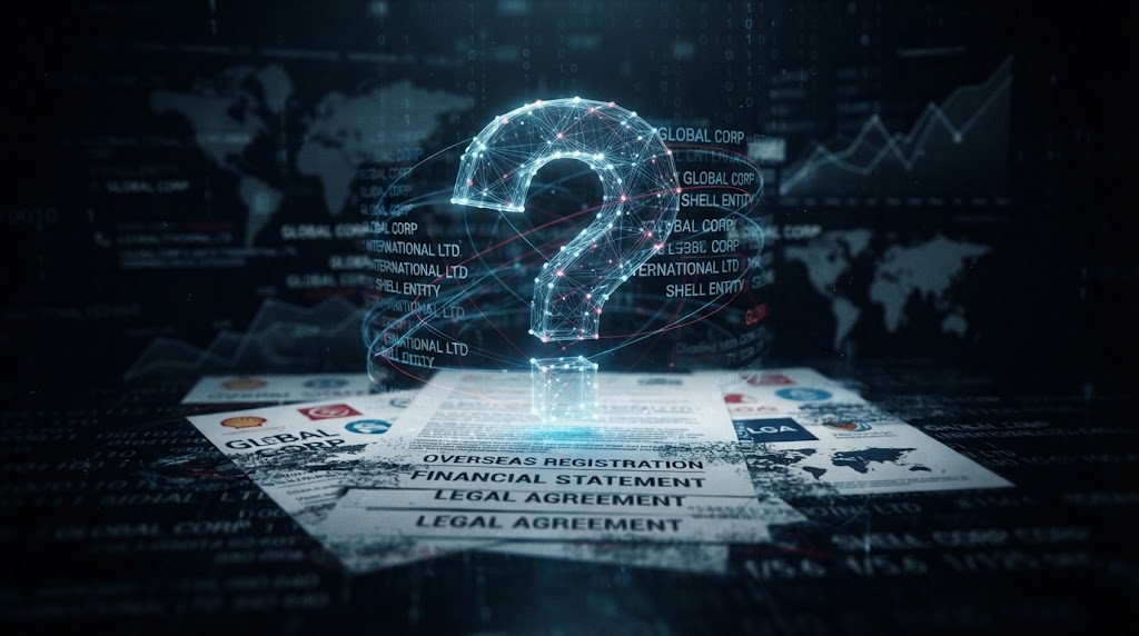 Representación conceptual de un gran signo de interrogación digital flotando sobre documentos corporativos internacionales oscurecidos por estática digital.